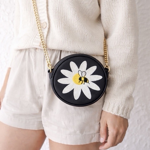 Lulu Guinness Handbags - Lulu Guinness Loves Me Loves Me Not Daisy Bee Round Crossbody Bag Black Patent